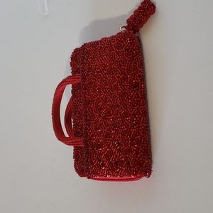 Tiny adorable red beaded wallet, just big enough for a credit card and a key